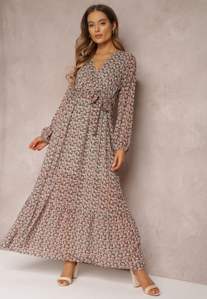 Zielono-Czerwona Sukienka Kopertowa z Falbanką i Wiązanym Paskiem Gjerana. Zielone sukienki Renee, na spacer, l, bez wzorów, eleganckie, bez kołnierzyka, bez ramiączek, maxi, kopertowe. Za 99.99 zł.