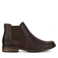 Botki Rieker. Brązowe botki Rieker, bez wzorów, bez obcasa, na płaskiej podeszwie, bez zapięcia. Za 279.99 zł.
