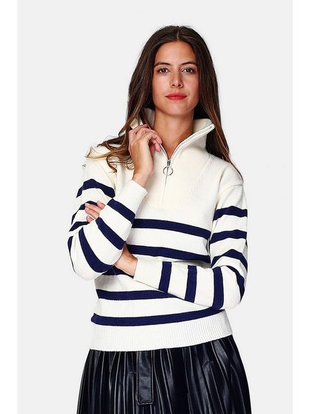 William de Faye Sweter w kolorze biało-niebieskim rozmiar: 38. Białe swetry William de Faye, bez wzorów, klasyczne, bez ramiączek. Za 130.99 zł.