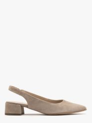 Beżowe czółenka z otwartą piętą typu slingback ELIZABETH. Brązowe czółenka Ryłko, bez wzorów, z gumy, z otwartym noskiem, bez obcasa, na obcasie, bez zapięcia. Za 379.99 zł.