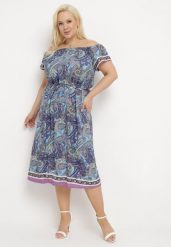 Niebieska Bawełniana Sukienka Hiszpanka ze Sznurkiem w Talii i Wzorem Paisley Anneipa. Niebieskie sukienki Born2be, na co dzień, plus size, bez wzorów, z bawełny, eleganckie, bez kołnierzyka, plus size, bez ramiączek, midi. Za 34.99 zł.
