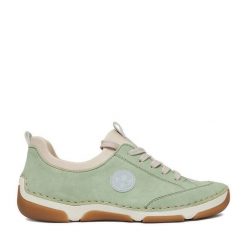 Półbuty Rieker. Zielone półbuty wsuwane Rieker, bez wzorów, bez obcasa, na płaskiej podeszwie. Za 339.99 zł.