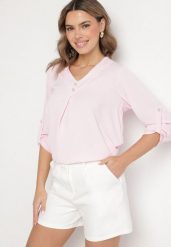 Różowa Bluzka o Trapezowym Kroju z Dekoltem w Serek i Podpinanymi Rękawami Aslimi. Czerwone bluzki Born2be, bez wzorów, z jeansu, eleganckie, bez kołnierzyka, bez ramiączek. W wyprzedaży za 63.74 zł.