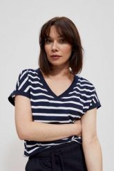 Bawełniana bluzka w paski granatowa. Niebieskie bluzki MOODO, bez wzorów, z bawełny, bez kołnierzyka, bez ramiączek. W wyprzedaży za 22.99 zł.