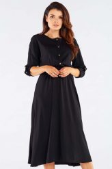 Wiskozowa Midi Sukienka z Ozdobnymi Napkami - Czarna. Czarne sukienki Awama, l, bez wzorów, z elastanu, bez kołnierzyka, bez ramiączek, midi, rozkloszowane. Za 249.90 zł.