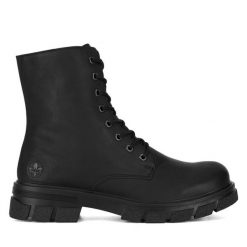 Botki Rieker. Czarne botki Rieker, bez wzorów, bez obcasa, na płaskiej podeszwie, bez zapięcia. Za 295.00 zł.