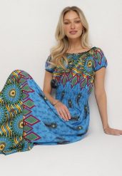 Niebieska Bawełniana Sukienka w Etno Wzór z Gumką w Talii i Hiszpańskim Dekoltem Orose. Niebieskie sukienki Born2be, na co dzień, l, z aplikacjami, z bawełny, eleganckie, bez kołnierzyka, bez ramiączek, maxi, proste. Za 79.99 zł.