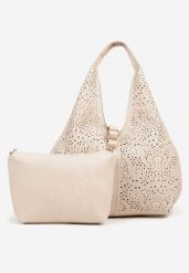 Beżowa Torebka Hobo Zdobiona Ażurową Perforacją z Dodatkową Saszetką Frolana. Brązowe torebki klasyczne Renee, z aplikacjami, z jeansu, biznesowe, zdobione, bez dodatków. Za 119.99 zł.