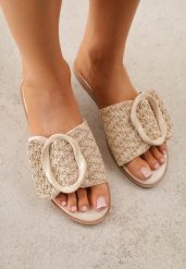 Beżowe Klapki z Plecionką i Geometryczną Klamrą Nemornell. Brązowe klapki Renee, bez wzorów, boho, bez obcasa, na płaskiej podeszwie, bez zapięcia. Za 79.99 zł.