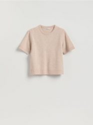 Wełniany sweter - beżowy. Brązowe swetry Reserved, l, bez wzorów, z dzianiny, bez ramiączek. Za 139.99 zł.