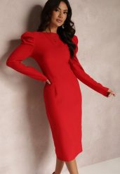 Czerwona Sukienka Taliowana z Bufiastym Rękawem Adarei. Czerwone sukienki Renee, s, bez wzorów, eleganckie, bez kołnierzyka, bez ramiączek, midi, kopertowe. W wyprzedaży za 99.99 zł.