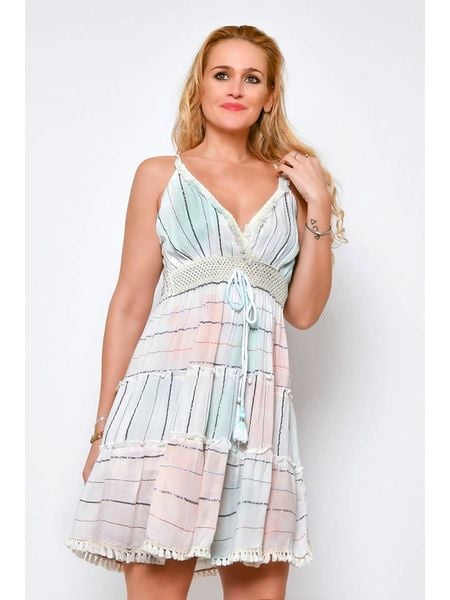 H.H.G. Sukienka w kolorze błękitno-jasnoróżowym rozmiar: L. Niebieskie sukienki H.H.G., l, z aplikacjami, z wiskozy, bez kołnierzyka, bez ramiączek, mini. Za 39.58 zł.