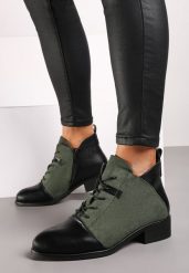 Zielone Sznurowane Botki na Płaskiej Podeszwie Ozdobione Rivianne. Zielone botki Renee, bez wzorów, z materiału, eleganckie, bez obcasa, na płaskiej podeszwie, bez zapięcia. W wyprzedaży za 108.49 zł.