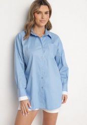 Niebieska Klasyczna Koszula z Bawełny o Kroju Oversize Ronavelle. Niebieskie koszule Born2be, uniwersalny, bez wzorów, z bawełny, biznesowe, bez kołnierzyka, bez ramiączek. W wyprzedaży za 93.49 zł.