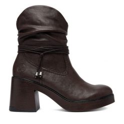Botki Rieker. Brązowe botki Rieker, bez wzorów, bez obcasa, na słupku, bez zapięcia. Za 399.99 zł.