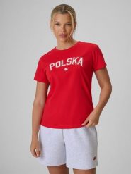 4F Koszulka kibica damska - czerwona M. Czerwone t-shirty sportowe 4f, m, bez wzorów, z bawełny, bez ramiączek. Za 59.99 zł.