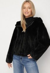 Czarna Kurtka Futrzana z Nieodpinanym Kapturem Lanasia. Czarne kurtki Born2be, l, bez wzorów, z futra, eleganckie. Za 289.99 zł.