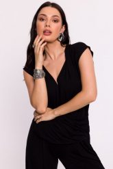 Czarna Kobieca Bluzka Wiskozowa na Zakładkę. Czarne bluzki MOE, l, bez wzorów, z elastanu, wizytowe, bez kołnierzyka, bez ramiączek. Za 207.90 zł.