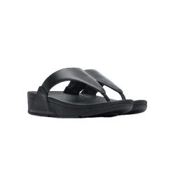 Sandały FitFlop z ergonomiczną podeszwą Microwobbleboard™. Czarne sandały Flip Flop, bez wzorów, z jeansu, eleganckie, bez obcasa, na koturnie, bez zapięcia. Za 421.00 zł.