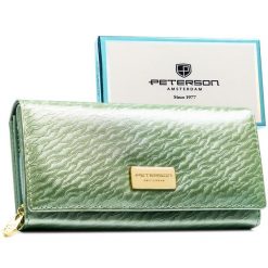 Duży, jasnozielony portfel damski zamykany na zatrzask, wykonany ze skóry naturalnej i ekologicznej - Peterson. Zielone portfele Peterson, bez wzorów, ze skóry ekologicznej. Za 89.99 zł.