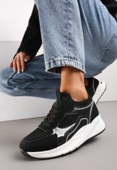 Czarne Sznurowane Sneakersy na Grubej Podeszwie z Błyszczącymi Wstawkami Nithirela. Czarne buty sportowe lifestyle Renee, bez wzorów, sportowe, bez zapięcia. W wyprzedaży za 99.99 zł.