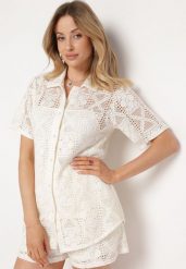 Jasnobeżowa Koszula Boho z Krótkimi Rękawami z Ażurowej Koronki Cardana. Brązowe koszule Born2be, l, w ażurowe wzory, z jeansu, boho, bez kołnierzyka, bez ramiączek. Za 159.99 zł.