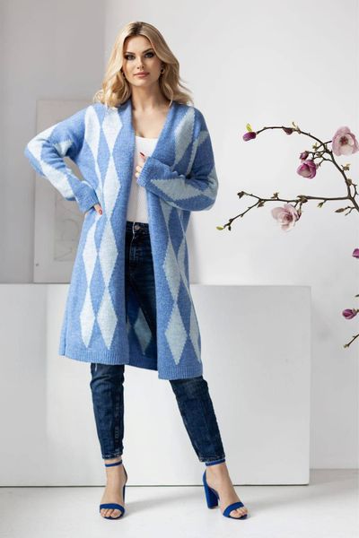 Elegancki sweter kardigan w romby niebieski. Niebieskie swetry PeeKaBoo, uniwersalny, bez wzorów, eleganckie, bez ramiączek. Za 349.00 zł.