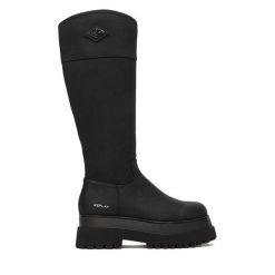 Kozaki REPLAY. Czarne kozaki Replay, bez wzorów, bez obcasa, na płaskiej podeszwie, bez zapięcia. Za 709.99 zł.