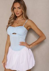 Jasnoniebieski Top Gorsetowy z Wiskozą i Usztywnionymi Miseczkami Eviness. Niebieskie topy Renee, m, bez wzorów, z wiskozy, eleganckie, bez kołnierzyka, bez ramiączek. W wyprzedaży za 63.99 zł.