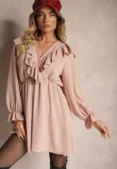 Różowa Kopertowa Sukienka z Żabotem Ozdobiona Falbankami Melosia. Czerwone sukienki Renee, na co dzień, bez wzorów, eleganckie, bez kołnierzyka, bez ramiączek, mini, kopertowe. W wyprzedaży za 55.99 zł.