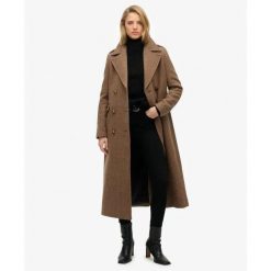 Płaszcz damski z mieszanki wełny z guzikami Superdry. Brązowe płaszcze Superdry, s, bez wzorów, z wełny, eleganckie, bez kaptura. Za 920.00 zł.
