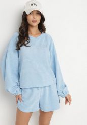 Niebieski Dzianinowy Komplet Bluza i Szorty Novanisa. Niebieskie bluzy Born2be, na lato, bez wzorów, z dzianiny, bez kaptura. W wyprzedaży za 118.99 zł.