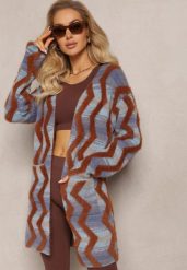 Niebiesko-Brązowy Luźny Kardigan Niezapinany w Geometryczny Print Sheshy. Niebieskie swetry Renee, bez wzorów, z dzianiny, eleganckie, bez ramiączek. W wyprzedaży za 111.99 zł.