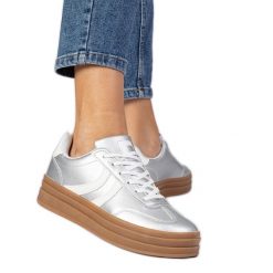 Srebrne sneakersy trampki damskie sportowe na platformie srebrny. Szare trampki bez wzorów, z syntetyku, eleganckie, bez zapięcia. Za 96.19 zł.