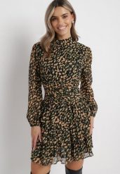 Beżowo-Zielona Rozkloszowana Sukienka Mini w Modny Print Ozdobiona Brokatem Ifigentta. Brązowe sukienki Born2be, na imprezę, l, bez wzorów, bez kołnierzyka, bez ramiączek, mini, rozkloszowane. W wyprzedaży za 161.49 zł.