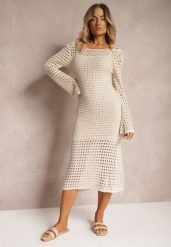 Beżowa Sukienka Dzianinowa Midi w stylu Boho z Głębokim Dekoltem na Plecach Moralie. Brązowe sukienki Renee, na co dzień, bez wzorów, z dzianiny, boho, bez kołnierzyka, bez ramiączek, midi, proste. W wyprzedaży za 99.99 zł.