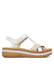 Rieker Sandały V0919-80 Biały. Białe sandały Rieker, bez wzorów, z materiału, bez obcasa, na koturnie, bez zapięcia. Za 239.99 zł.