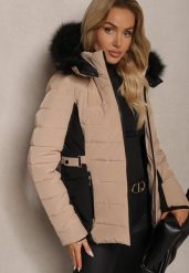 Ciemnobeżowa Taliowana Kurtka z Pikowanym Przeszyciem i Kapturem z Futerkiem Sagiola. Brązowe kurtki Renee, l, bez wzorów, z jeansu, eleganckie. W wyprzedaży za 129.49 zł.