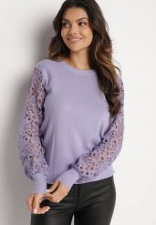 Fioletowy Sweter z Bawełną i Koronkowymi Rękawami Tifini. Fioletowe swetry Born2be, z aplikacjami, z bawełny, bez ramiączek. W wyprzedaży za 67.99 zł.