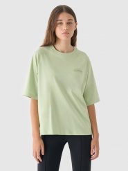 4F T-shirt oversize z nadrukiem damski - oliwkowy/khaki M. Brązowe t-shirty 4f, m, bez wzorów, z bawełny, klasyczne, bez kołnierzyka, bez ramiączek. W wyprzedaży za 29.99 zł.