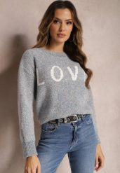 Granatowy Sweter z Ozdobnym Napisem Wykończony Ściągaczami Minisoji. Niebieskie swetry Renee, l, bez wzorów, z elastanu, casualowe, bez ramiączek. W wyprzedaży za 87.99 zł.