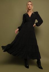 Czarna Rozkloszowana Sukienka Vices z Kopertowym Dekoltem Reslosa. Czarne sukienki Born2be, na co dzień, l, bez wzorów, z jeansu, wizytowe, bez kołnierzyka, bez ramiączek, kopertowe. Za 169.99 zł.