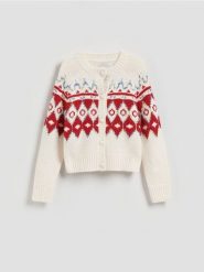 Wzorzysty kardigan - czerwony. Czerwone swetry Reserved, l, bez wzorów, z dzianiny, bez ramiączek. Za 159.99 zł.