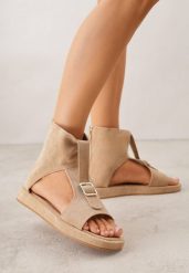 Ciemnobeżowe Sandały w Stylu Botków z Ozdobną Klamrą Theaneasi. Brązowe sandały Born2be, bez wzorów, z jeansu, eleganckie, bez obcasa, na płaskiej podeszwie, bez zapięcia. Za 99.99 zł.