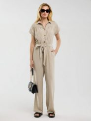 Kombinezon damski lniany beżowy Dunime 805. Brązowe sukienki BIG STAR, l, bez wzorów, ze lnu, eleganckie, bez kołnierzyka, bez ramiączek. Za 299.99 zł.