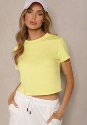 Żółty Bawełniany T-shirt o Fasonie Cropped Galionela. Żółte t-shirty Renee, l, bez wzorów, z bawełny, bez kołnierzyka, bez ramiączek. W wyprzedaży za 63.99 zł.
