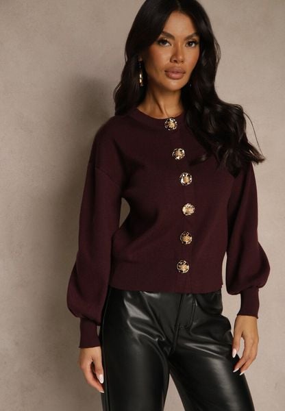 Bordowy Kardigan z Wiskozą Zdobiony Eleganckimi Napami i Bufiastymi Rękawami Acannte. Czerwone swetry Renee, z aplikacjami, z dzianiny, eleganckie, bez ramiączek. Za 139.99 zł.