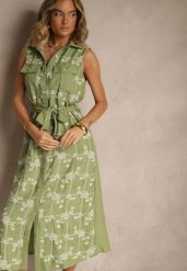 Zielona Sukienka Koszulowa z Wiązanym Paskiem i Haftowanym Zdobieniem Malenea. Zielone sukienki Renee, na co dzień, l, z aplikacjami, z jeansu, eleganckie, bez kołnierzyka, bez ramiączek, maxi, koszulowe. W wyprzedaży za 111.99 zł.