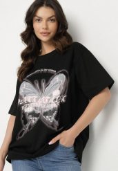 Czarny T-shirt Oversize z Bawełny z Nadrukiem z Motylem Nonatira. Czarne t-shirty Born2be, s, bez wzorów, z bawełny, eleganckie, bez kołnierzyka, bez ramiączek. Za 69.99 zł.