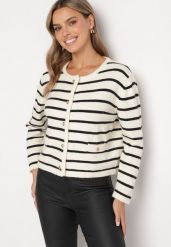 Kremowo-Czarny Rozpinany Kardigan z Kaszmirem w Paski z Imitacjami Kieszonkami Edrialla. Brązowe swetry Born2be, l, bez wzorów, z jeansu, eleganckie, bez ramiączek. W wyprzedaży za 110.49 zł.